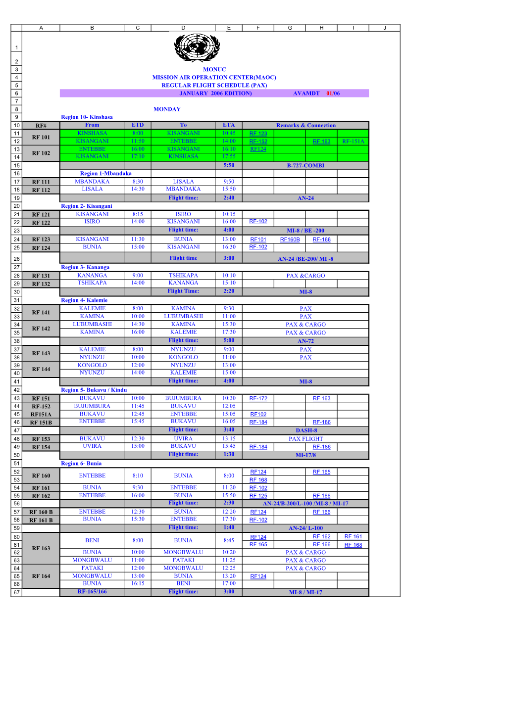 MONUC MAOC Regular Flight Schedule PUB 060116