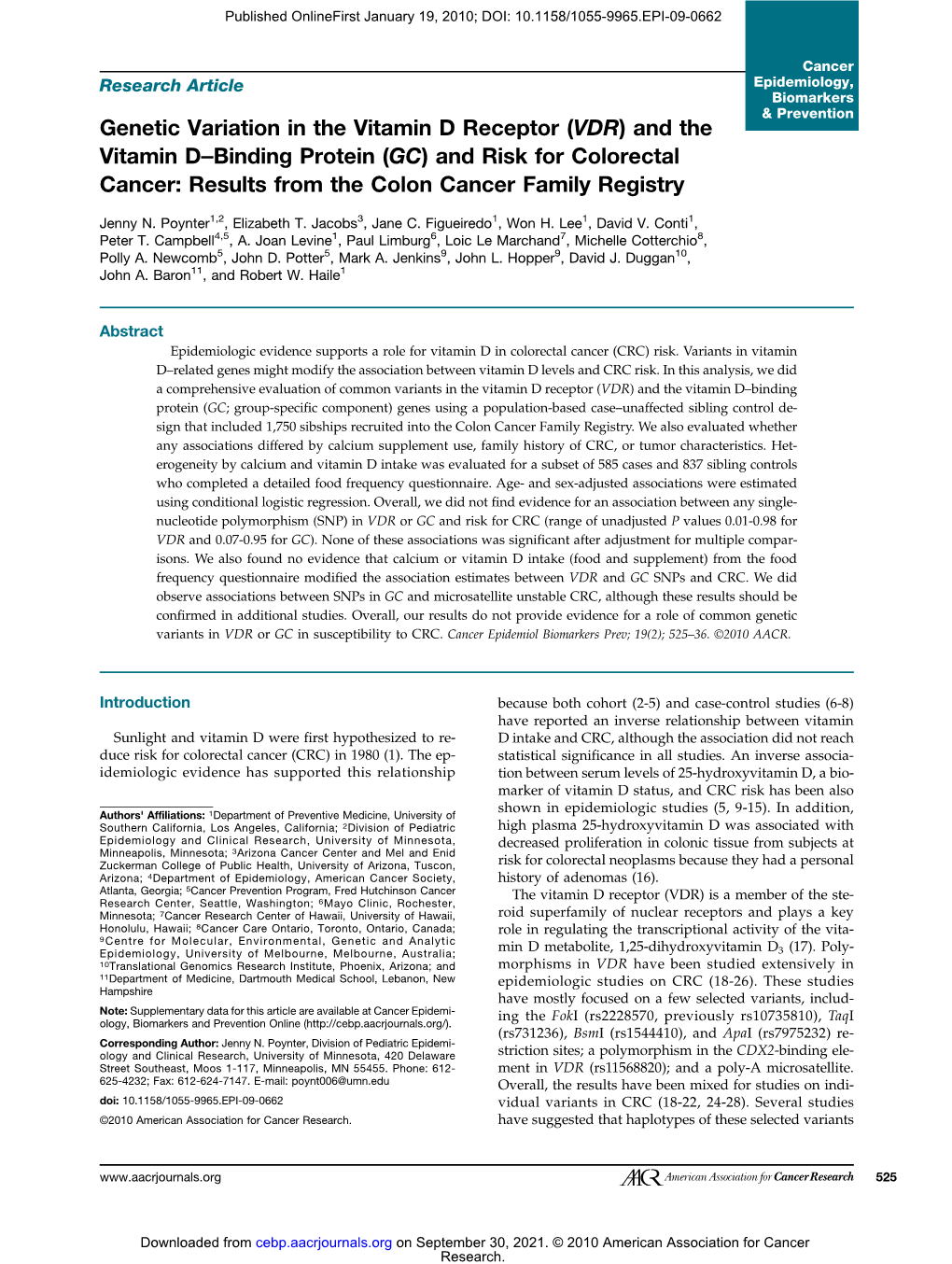Genetic Variation in the Vitamin D Receptor (VDR) and the Vitamin D–Binding Protein (GC) and Risk for Colorectal Cancer: Results from the Colon Cancer Family Registry