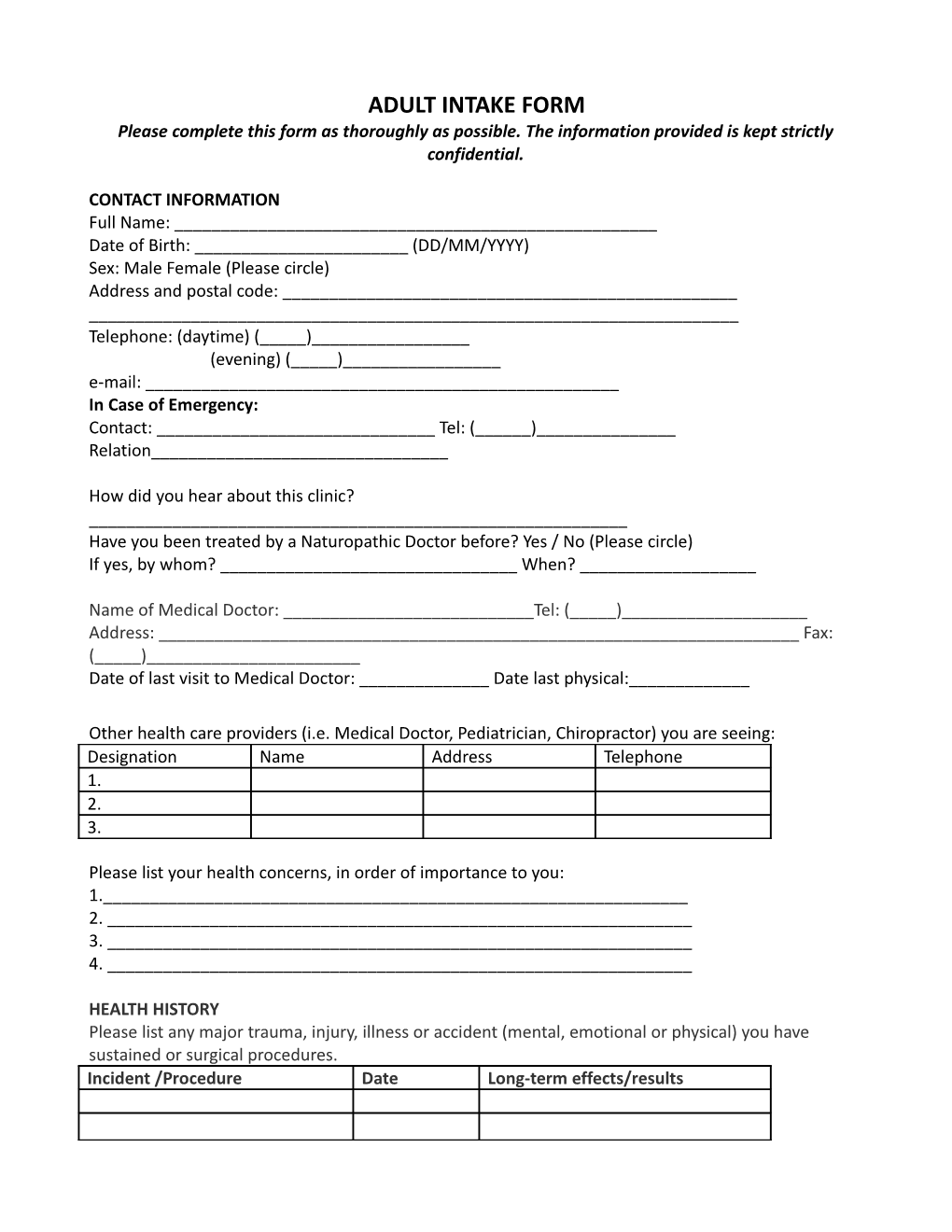 Adult Intake Form