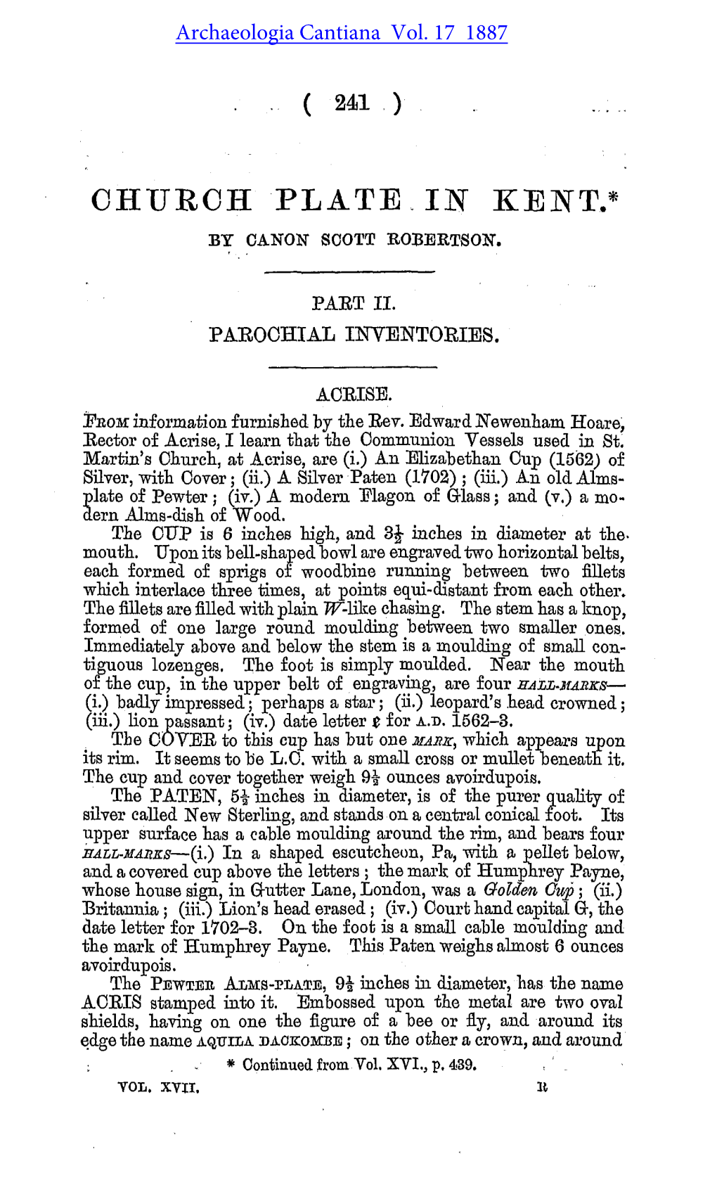 Church Plate in Kent. Parochial Inventories: Acrise to Canterbury