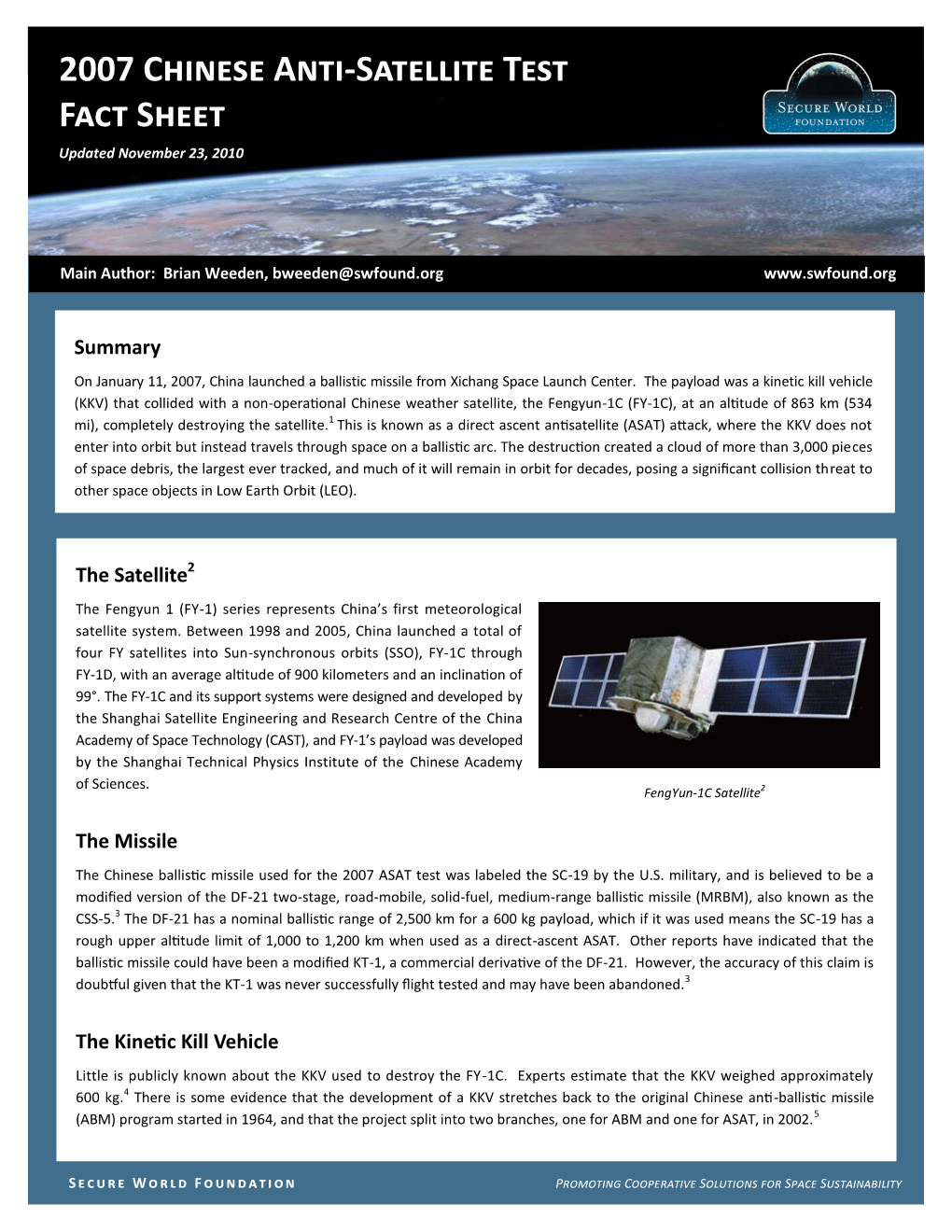 2007 Chinese Anti-Satellite Test Fact Sheet