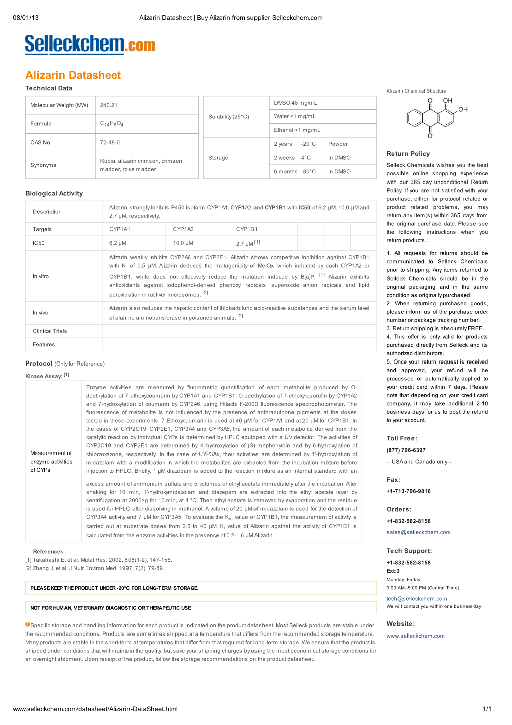 Alizarin Datasheet | Buy Alizarin from Supplier Selleckchem.Com