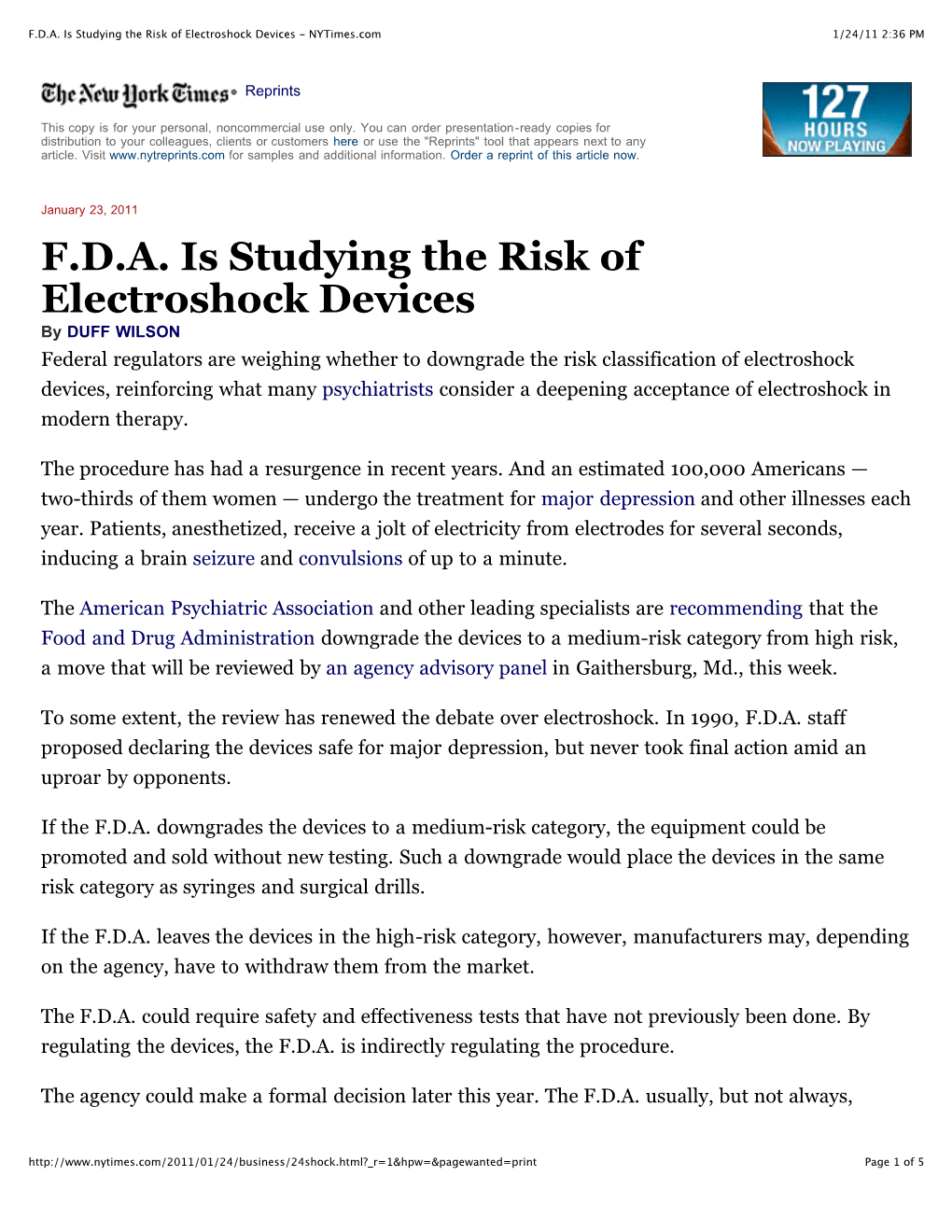 FDA Is Studying the Risk of Electroshock Devices