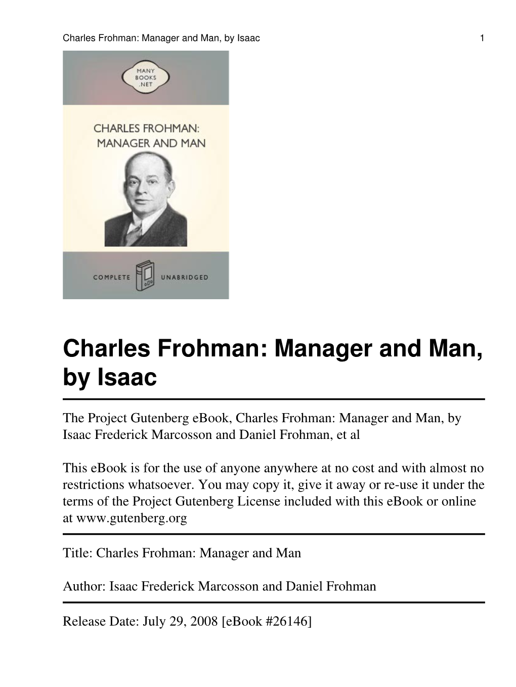 Charles Frohman: Manager and Man, by Isaac 1