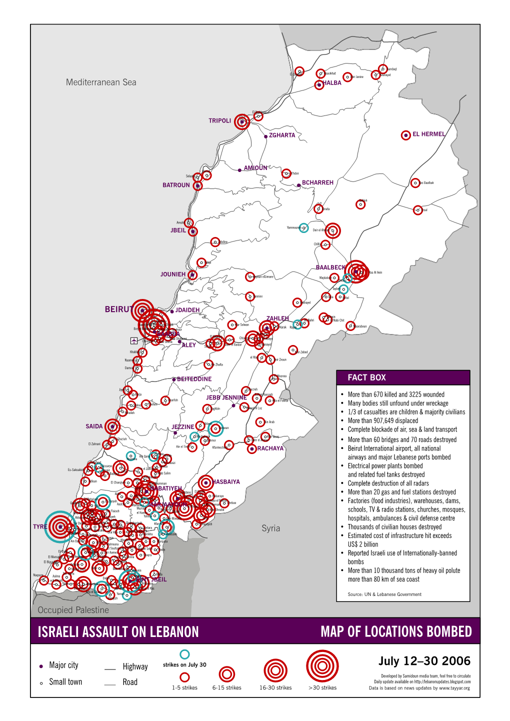 Israeli Assault on Lebanon Map of Locations Bombed