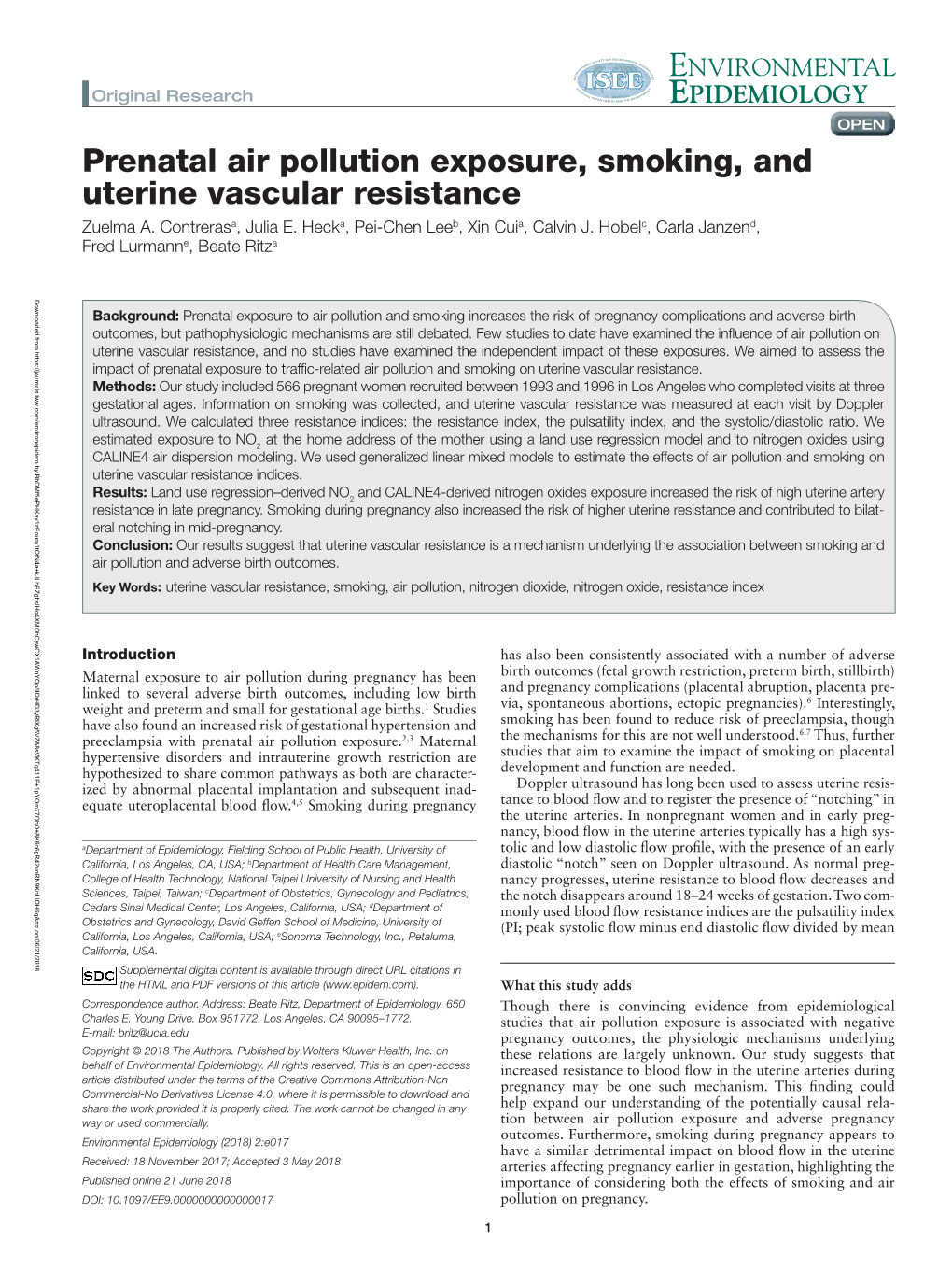 Prenatal Air Pollution Exposure, Smoking, and Uterine Vascular