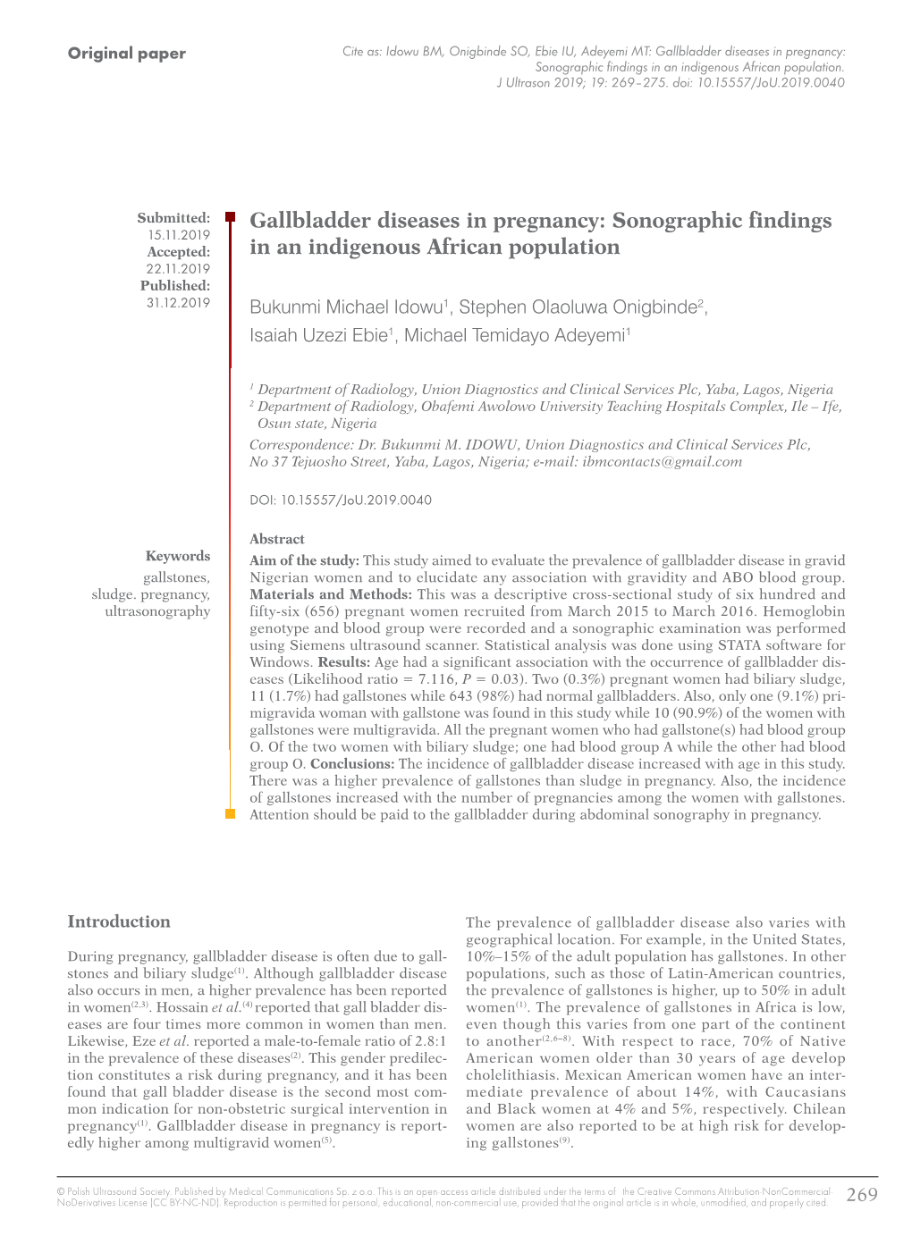 Gallbladder Diseases in Pregnancy: Sonographic Findings in Ansonographic Indigenous Findings African in Anpopulation Indigenous African Population