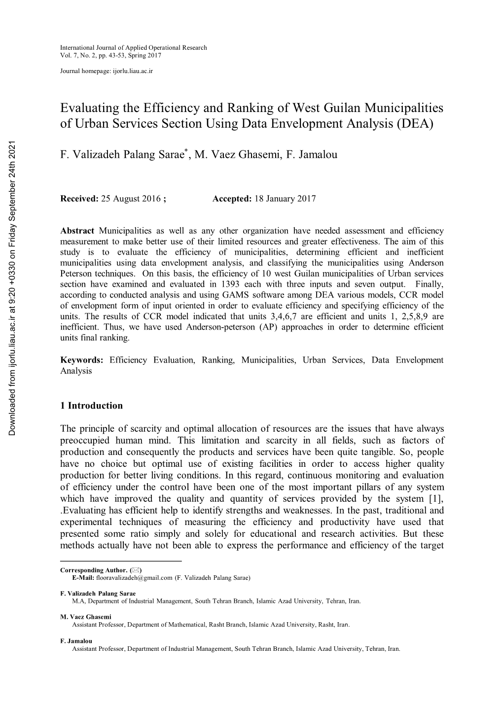 Evaluating the Efficiency and Ranking of West Guilan Municipalities of Urban Services Section Using Data Envelopment Analysis (DEA)