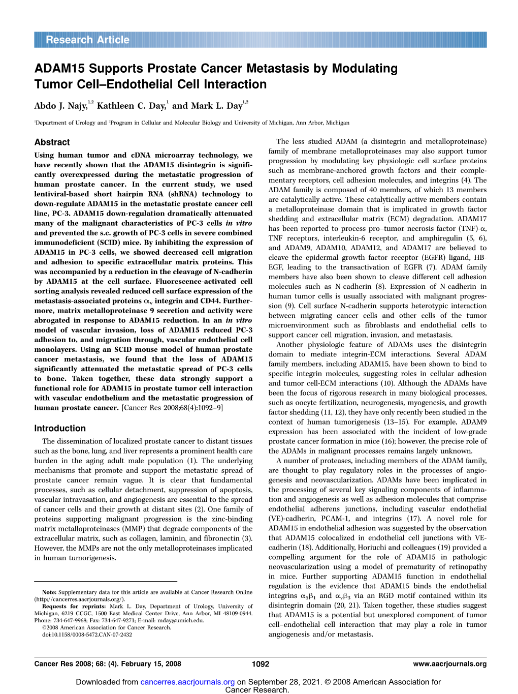 ADAM15 Supports Prostate Cancer Metastasis by Modulating Tumor Cell–Endothelial Cell Interaction Abdo J