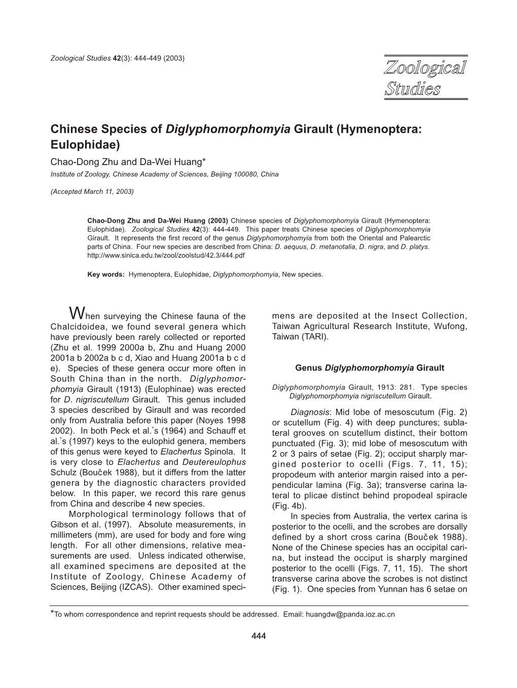 Hymenoptera: Eulophidae) Chao-Dong Zhu and Da-Wei Huang* Institute of Zoology, Chinese Academy of Sciences, Beijing 100080, China