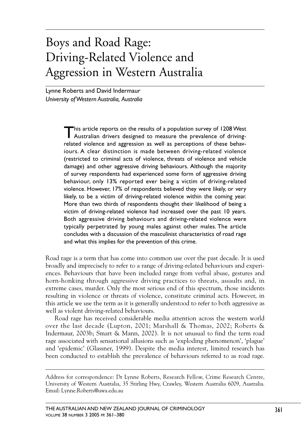 Driving-Related Violence and Aggression in Western Australia