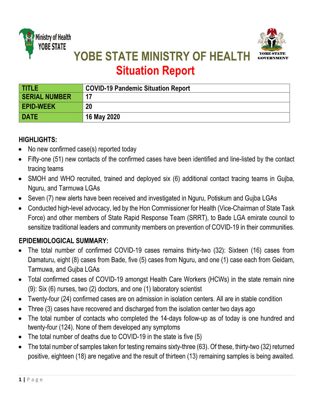 YOBE STATE MINISTRY of HEALTH Situation Report