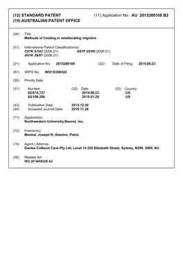 (12) STANDARD PATENT (11) Application No. AU 2015280108 B2 (19) AUSTRALIAN PATENT OFFICE