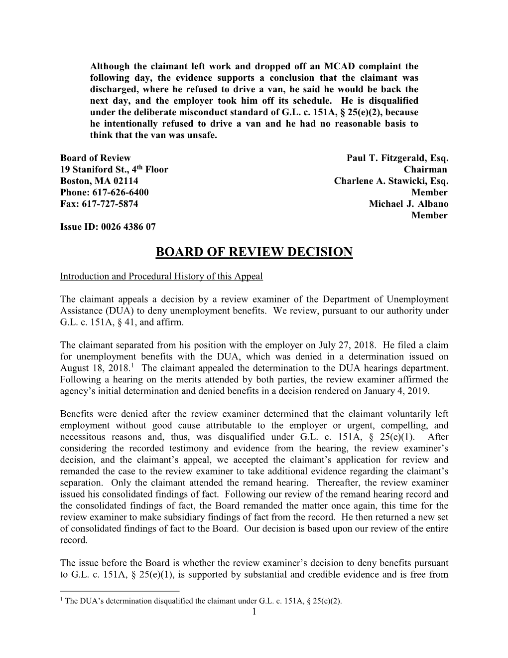 Board of Review Decision