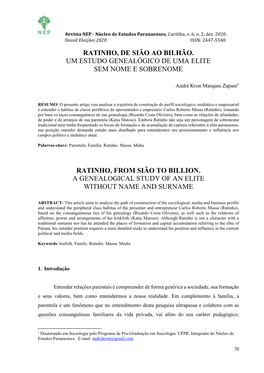 Ratinho, De Sião Ao Bilhão. Um Estudo Genealógico De Uma Elite Sem Nome E Sobrenome