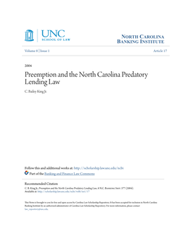 Preemption and the North Carolina Predatory Lending Law C