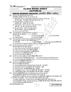 CLASS WORK SHEET LECTURE-02 INDIAN BANKING INDUSTRY ( Hkkjrh; Csfdax M|Ksx ) Q.1