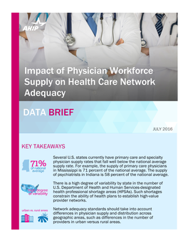 Impact of Physician Workforce Supply on Health Care Network Adequacy DATA BRIEF