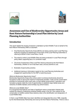 Awareness and Use of Biodiversity Opportunity Areas and Kent Nature Partnership’S Local Plan Advice by Local Planning Authorities