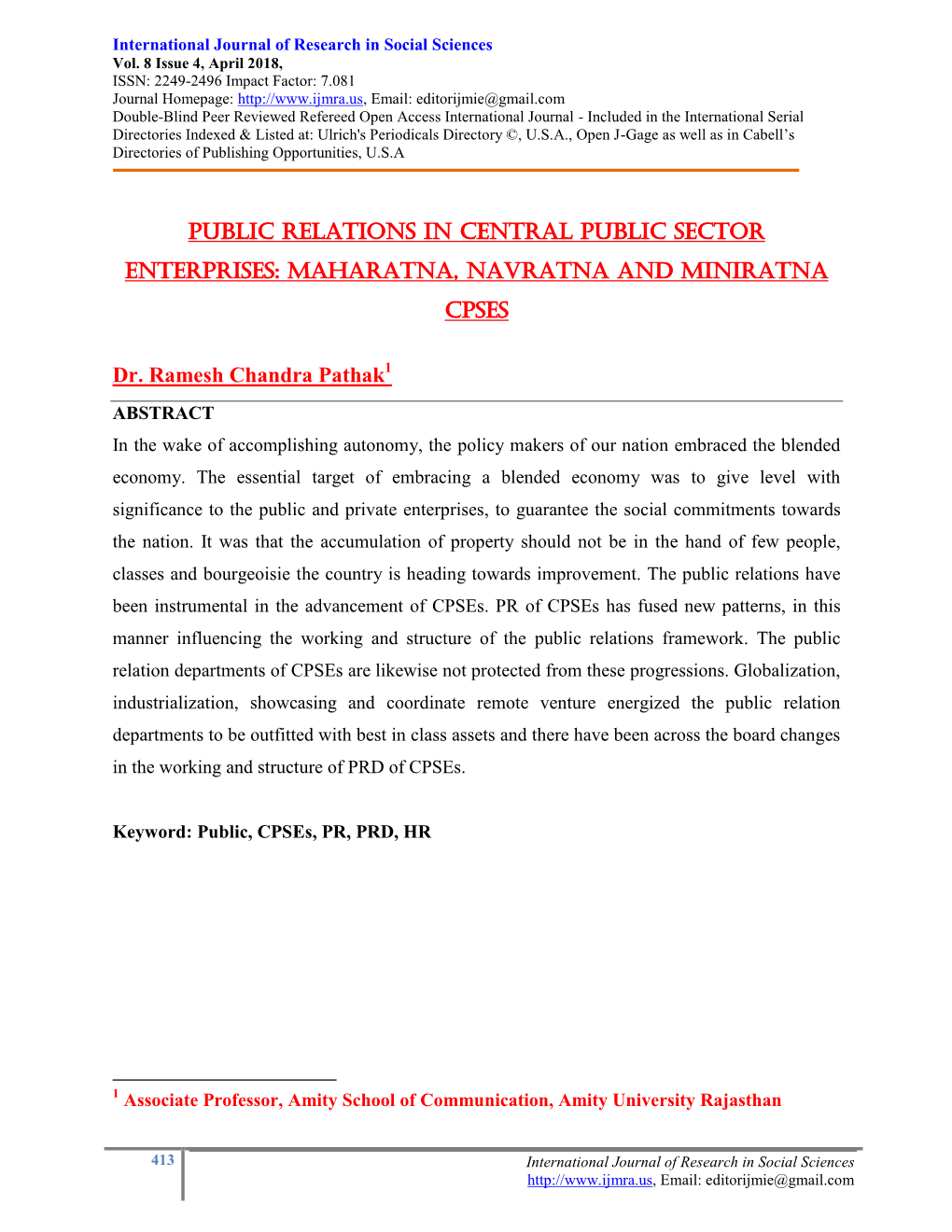 PUBLIC RELATIONS in CENTRAL PUBLIC SECTOR ENTERPRISES: MAHARATNA, NAVRATNA and MINIRATNA Cpses