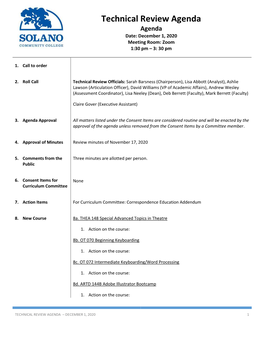 Technical Review Agenda Agenda Date: December 1, 2020 Meeting Room: Zoom 1:30 Pm – 3: 30 Pm