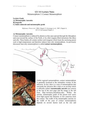 GY 111 Lecture Notes Metamorphism 3: Contact Metamorphism
