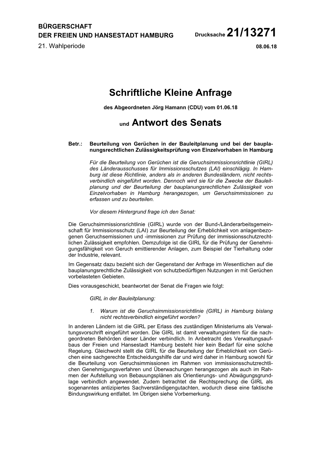 Schriftliche Kleine Anfrage Und Antwort Des Senats