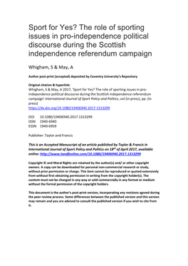 Sport for Yes? the Role of Sporting Issues in Pro-Independence Political Discourse During the Scottish Independence Referendum Campaign