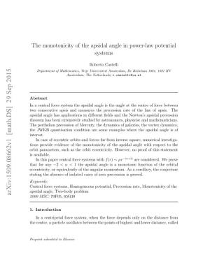 The Monotonicity of the Apsidal Angle in Power-Law Potential Systems
