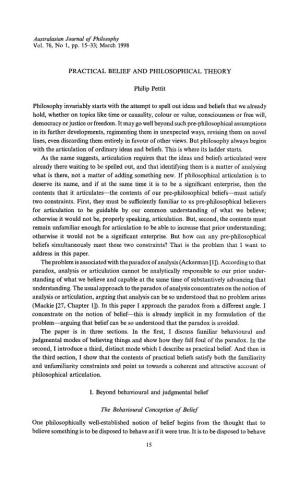Australasian Journal of Philosophy the Behavioural Conception of Belief