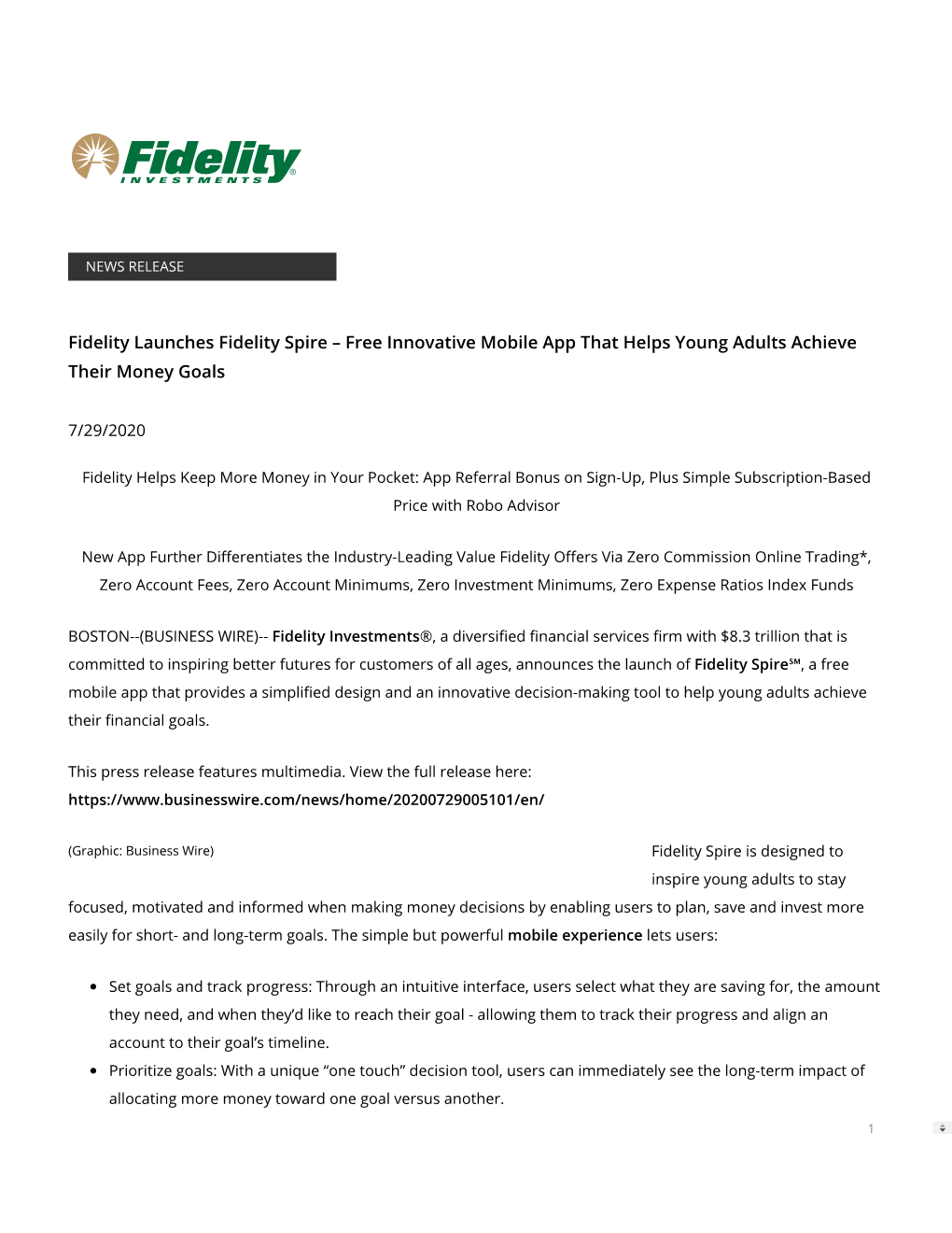 Fidelity Launches Fidelity Spire – Free Innovative Mobile App That Helps Young Adults Achieve Their Money Goals