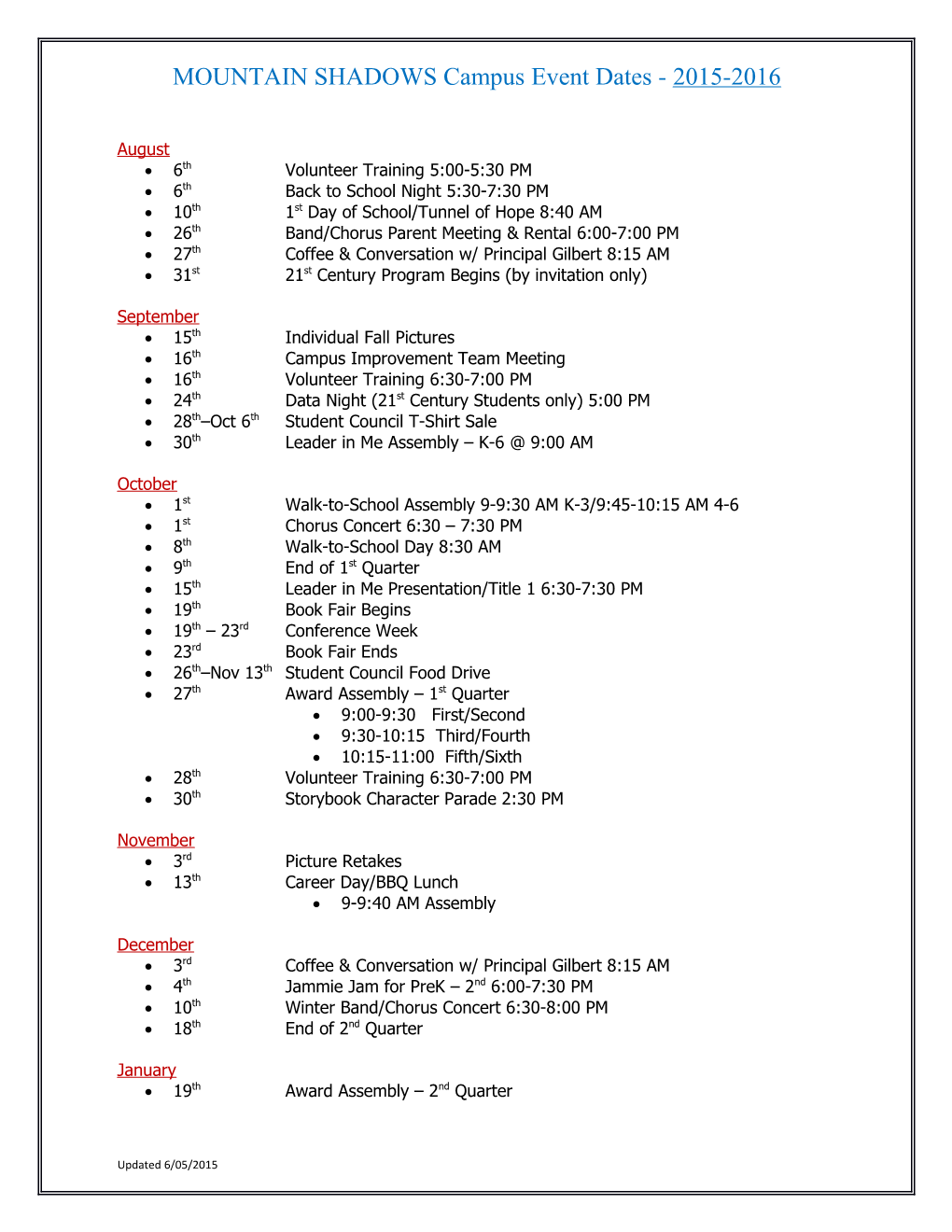 MOUNTAIN SHADOWS Campus Event Dates - 2015-2016