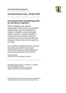 29 April 2010 International Dance Day Message