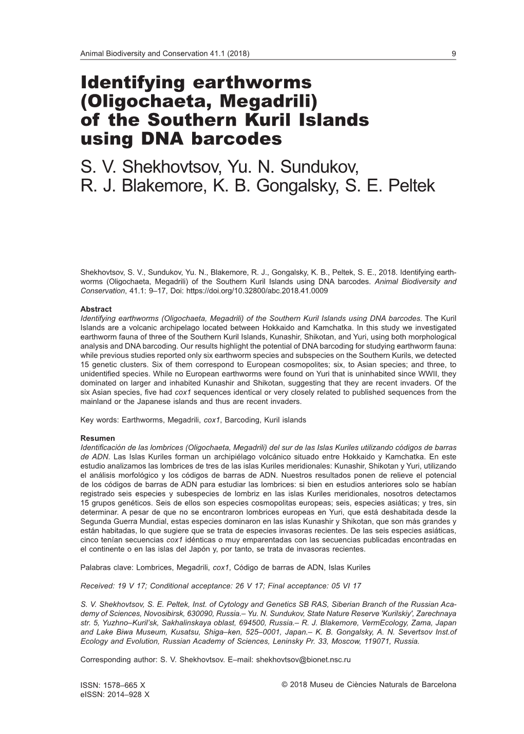 Identifying Earthworms (Oligochaeta, Megadrili) of the Southern Kuril Islands Using DNA Barcodes S