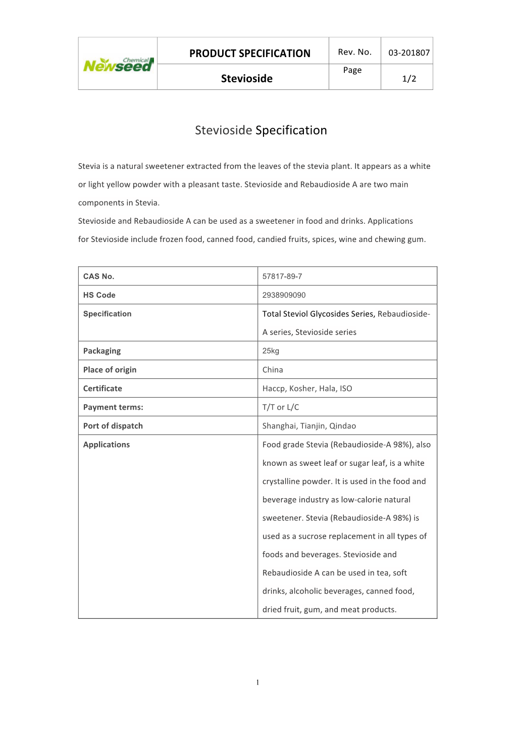 Stevioside Specification