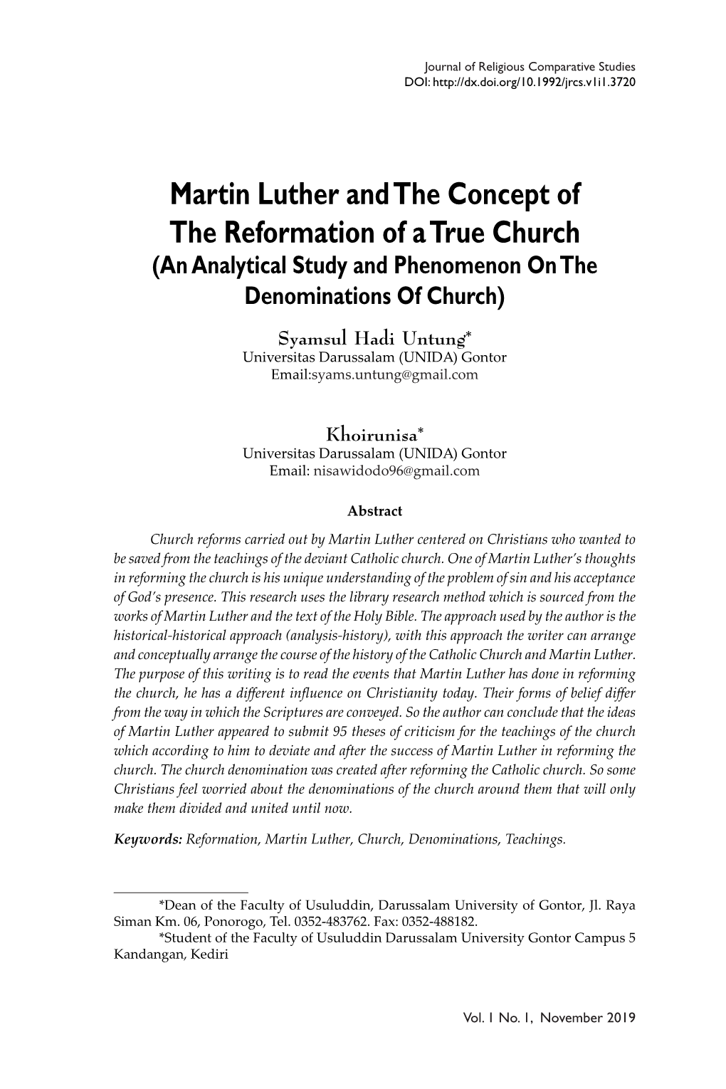 Martin Luther and the Concept of the Reformation of a True Church