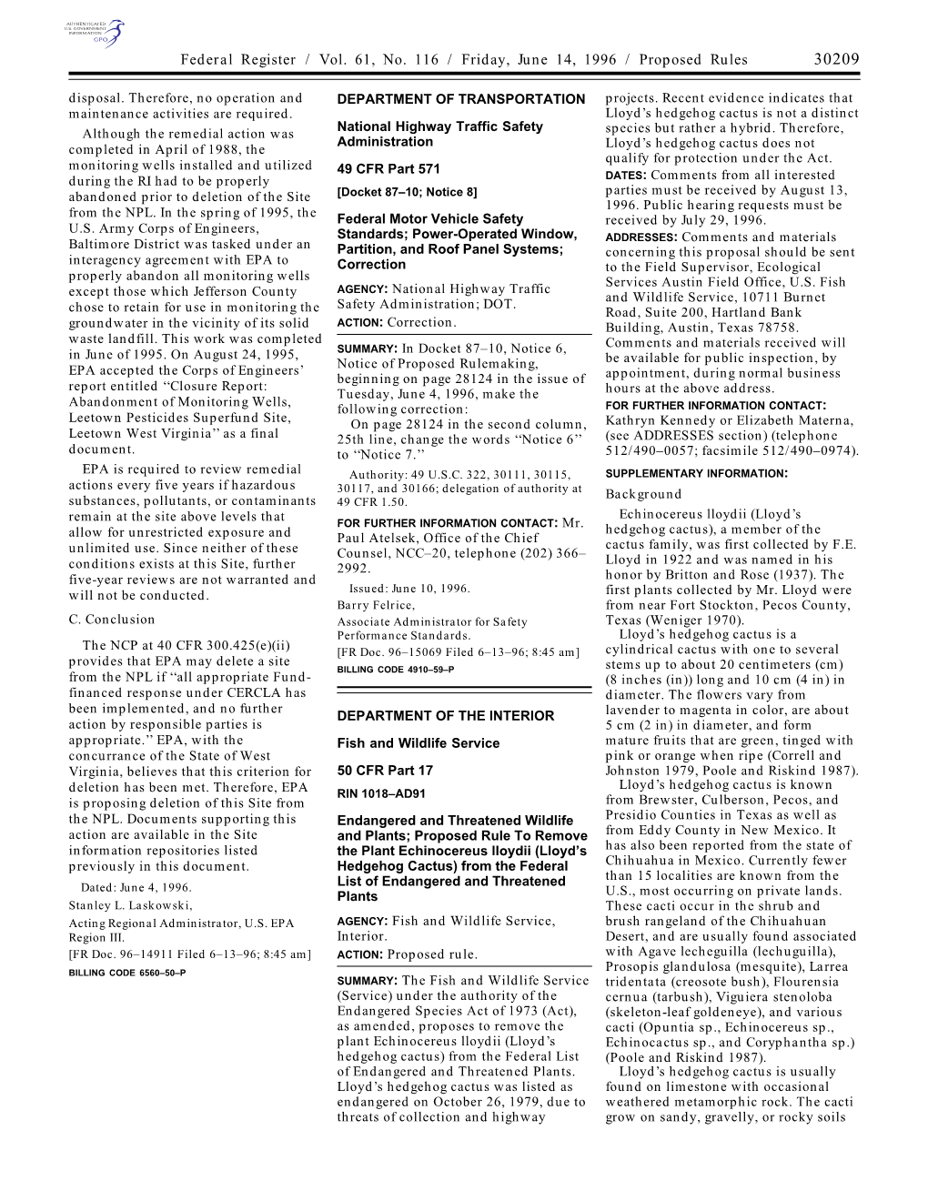 Federal Register / Vol. 61, No. 116 / Friday, June 14, 1996 / Proposed Rules 30209 Disposal