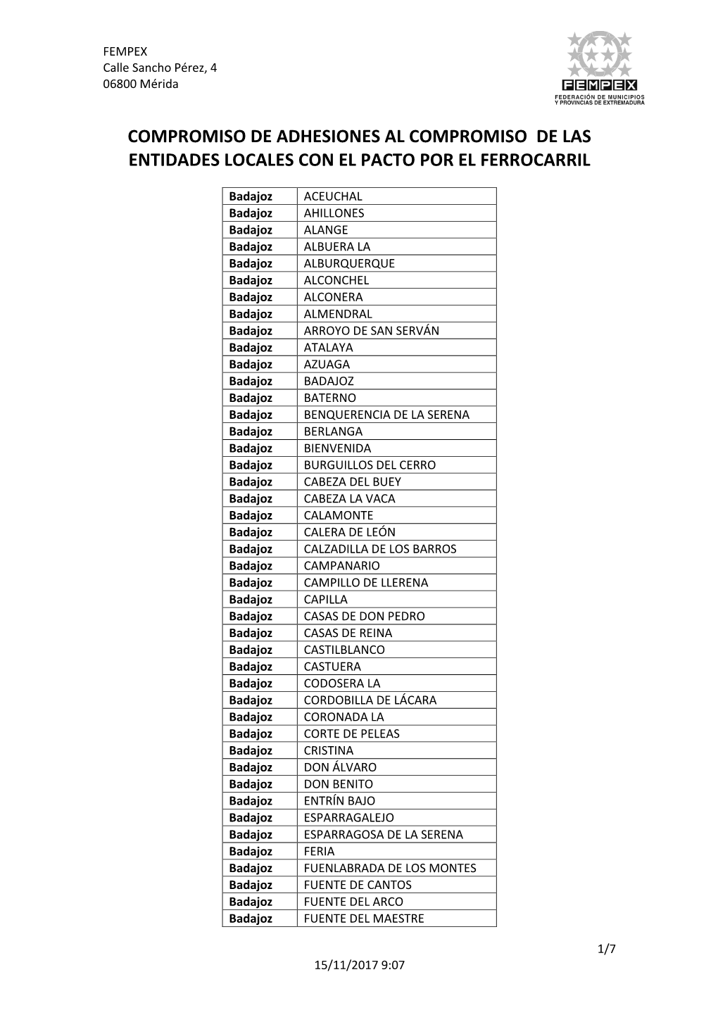 Compromiso De Adhesiones Al Compromiso De Las Entidades Locales Con El Pacto Por El Ferrocarril