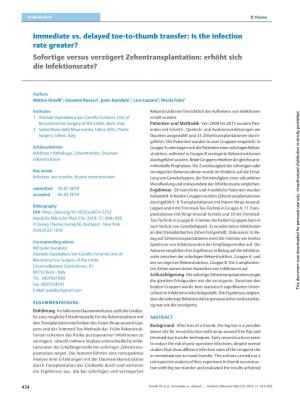 Immediate Vs. Delayed Toe-To-Thumb Transfer: Is the Infection Rate Greater? Sofortige Versus Verzögert Zehentransplantation: Erhöht Sich Die Infektionsrate?