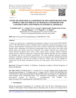 Study of Geological Condition of Melukote Region for Finding the Suitability of Minerals and Rocks for Construction and Finding Economical Minerals
