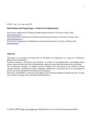 Information and Negentropy: a Basis for Ecoinformatics Abstract