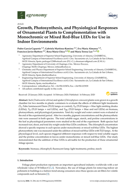 Growth, Photosynthesis, and Physiological Responses of Ornamental Plants to Complementation with Monochromic Or Mixed Red-Blue Leds for Use in Indoor Environments