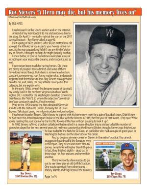 Roy Sievers “A Hero May Die, but His Memory Lives On” ©Diamondsinthedusk.Com by BILL HASS I Had Missed It in the Sports Section and on the Internet