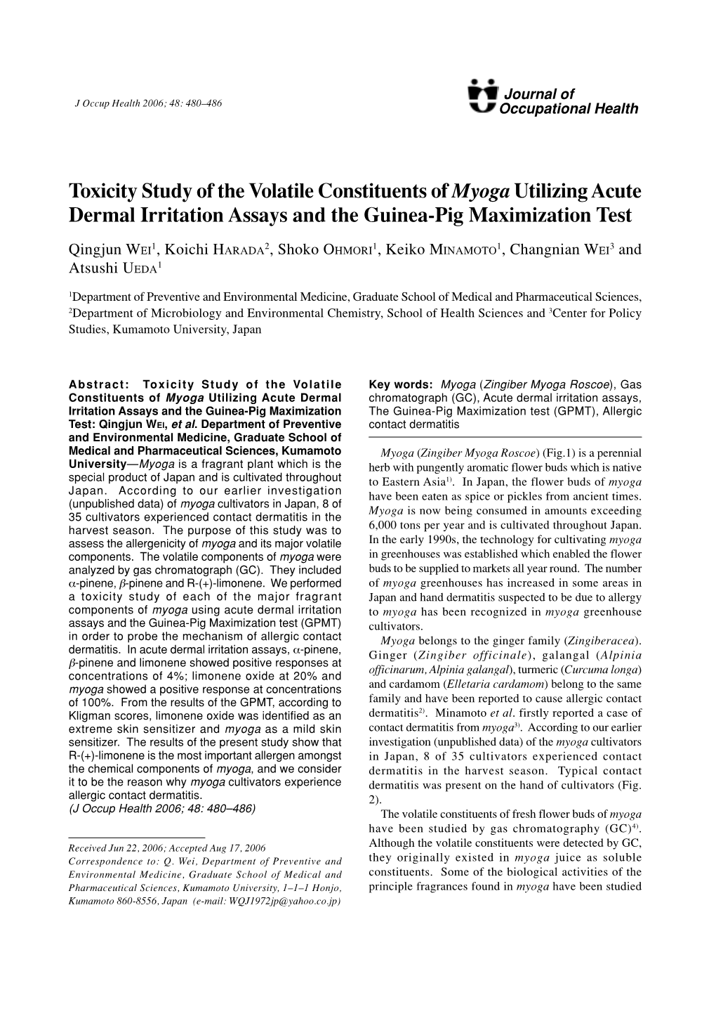 Toxicity Study of the Volatile Constituents of Myoga Utilizing Acute Dermal Irritation Assays and the Guinea-Pig Maximization Test