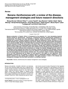 Banana Xanthomonas Wilt: a Review of the Disease, Management Strategies and Future Research Directions