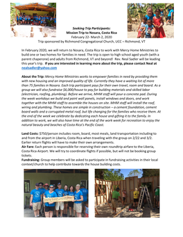 Seeking Trip Participants: Mission Trip to Nosara, Costa Rica February 22- March 2, 2020 Trip Sponsored by Richmond Congregational Church, UCC – Richmond, VT