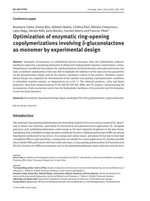 Optimization of Enzymatic Ring-Opening Copolymerizations Involving Δ-Gluconolactone As Monomer by Experimental Design