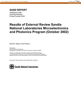 Results of External Review Sandia National Laboratories Microelectronics and Photonics Program (October 2002)