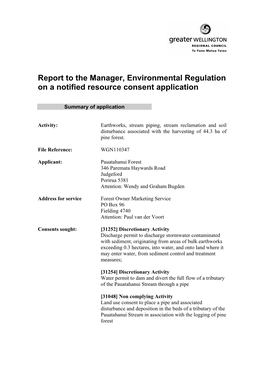 Report to the Manager, Environmental Regulation on a Notified Resource Consent Application