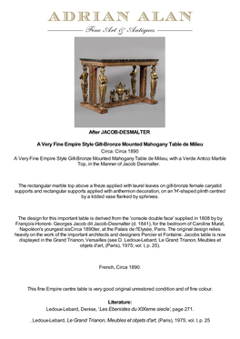 A Very Fine Empire Style Gilt-Bronze Mounted Mahogany Table De Milieu